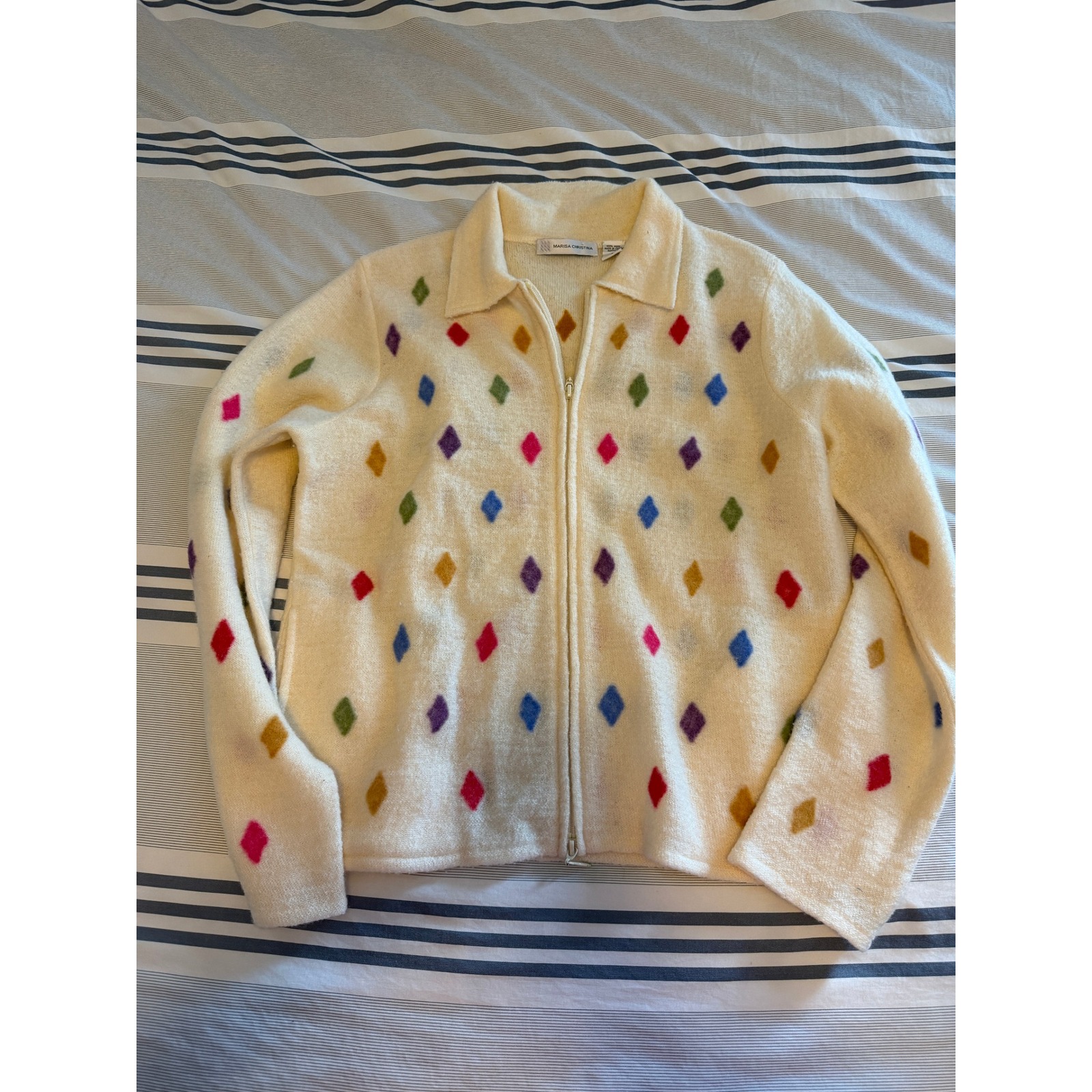 Marisa Christina 100% Wool Full Zip Sweater Jacket Diamond Harlequin Cream L 90s